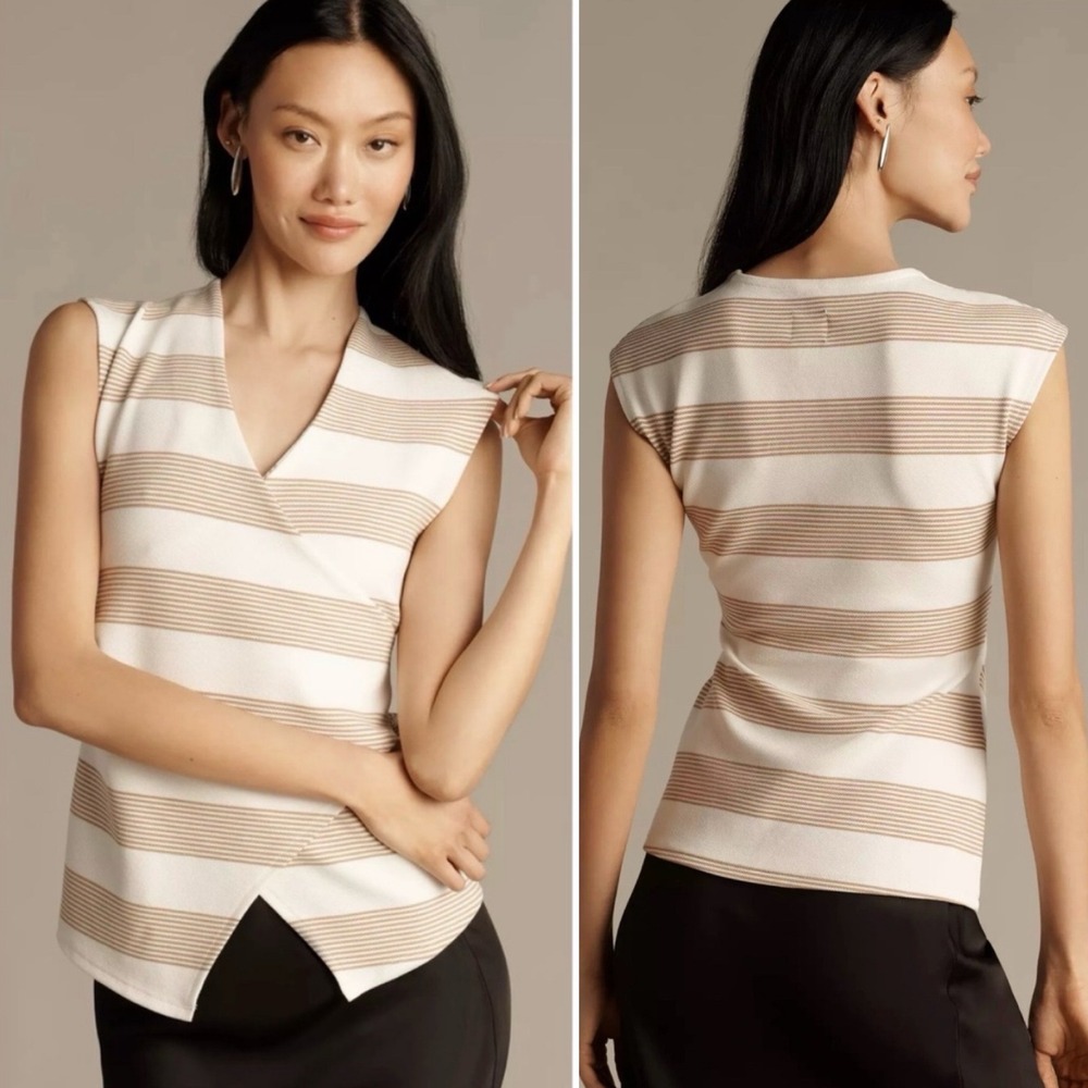 Maeve Sleeveless V-neck Faux Wrap Top White Stripe Minimalist Nautical Chic- XL